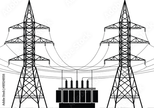 High voltage electric transmission towers with power transformer station vector illustration blueprint style isolated on white background for industrial energy distribution grid infrastructure design.