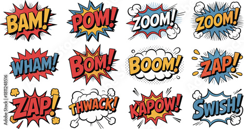 Retro comic book sound effects collection featuring colorful pop art speech bubbles and explosive superhero text typography for cartoon illustrations and vector graphic design.