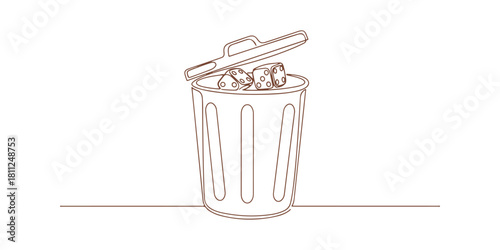 One-line vector sketch of a dice inside a trash bin. Simple and conceptual thin-line artwork.