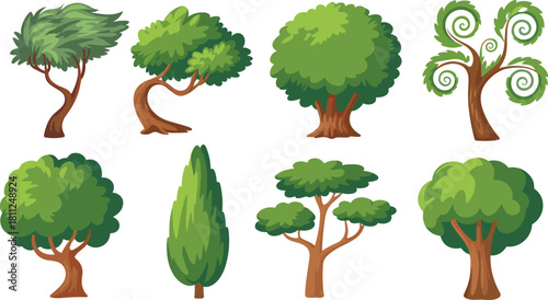 Set of eight stylized cartoon vector trees featuring various green foliage shapes and brown trunks for video game environments, nature icons, and forest landscapes, isolated