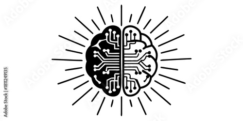 Stylized brain with circuit board design and radiating lines representing intelligence and technology concept