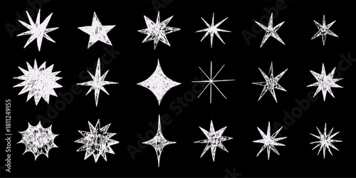 Hand-drawn crayon stars set. Rough textured celestial shapes on black background. Grunge sketch style decorative elements for design, Christmas, kids art, night sky, cosmic vector illustration.