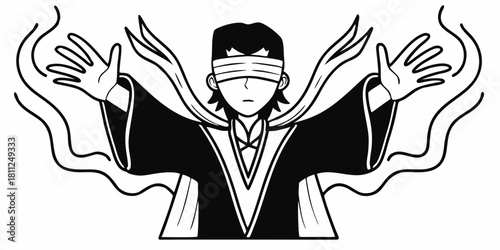 Illustration of a blindfolded character with hands raised and energy emanating around them in black and white