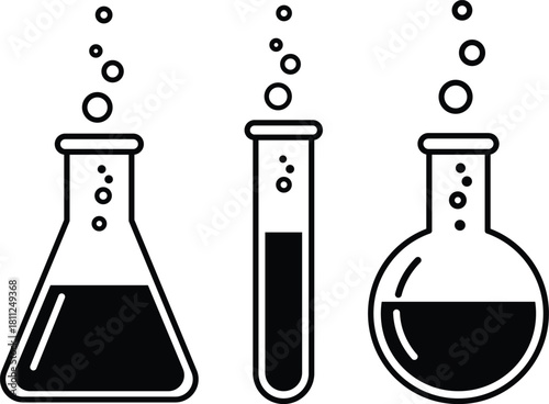 Three black laboratory flasks with bubbling liquid and circles science research
