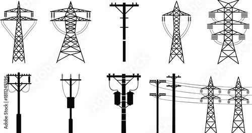 Set of electric power transmission lines, high voltage towers, industrial utility poles, energy infrastructure icons, electricity pylon silhouettes, vector illustration collection isolated on white.