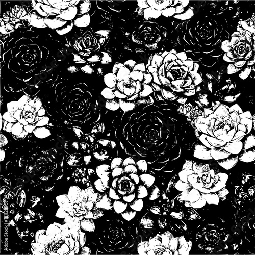 Black and white succulent plant garden seamless pattern floral nature botanical vector background design art
