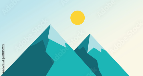 Teal mountains under a yellow sun with a light blue sky vector