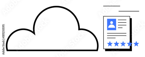 Cloud outlined beside user profile card with five-star rating, representing internet data storage, user identity verification, and digital document management. Ideal for security, cloud technology
