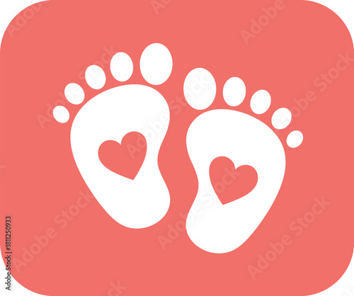 White baby footprints with hearts on coral background icon love new born