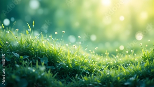 Sparkling dew drops on fresh green grass bathed in soft morning sunlight, natural bokeh background