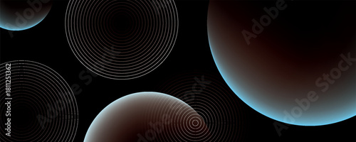 Glowing neon transparent bubbles background. Techno modern circles in dark space.