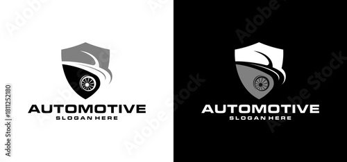 Shield logo design with abstract car elements. A vector combination of a shield with an abstract car is suitable for a car repair company.