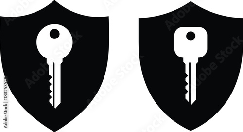Two black shields with white keys inside on white background security protection