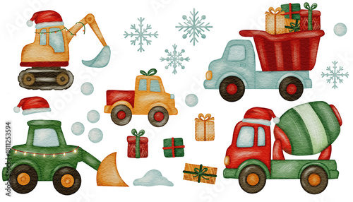 Collection of hand drawn illustrations of construction vehicles for Christmas. Illustrations of bulldozer, excavator, trucks, cement mixer, snowflakes, snow and gifts. 