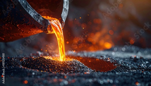 A stream of glowing molten metal being poured from a dark crucible into a casting mold in a foundry.