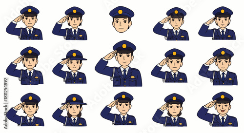 A collection of cartoon police officers saluting, offering a variety of expressions and poses, suitable for law enforcement illustrations.