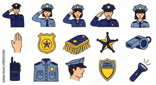 A collection of vector illustrations depicting various police-related elements and symbols, perfect for law enforcement and public safety themes.