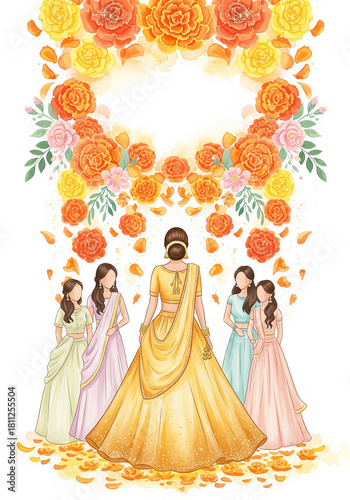 Indian Bride Back View with Bridesmaids and Floral Decor