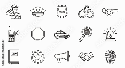 A collection of line art illustrations, depicting law enforcement symbols and equipment, perfect for design projects and informative visuals.
