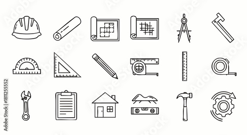 Collection of vector line art construction tools and equipment icons, perfect for design and architectural projects.