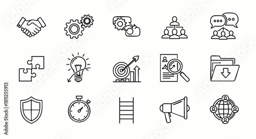 A collection of business and management icons, representing teamwork, problem-solving, and strategic planning, all depicted in a clean, modern, and easily understandable line art style.