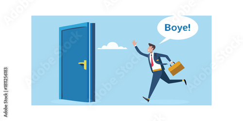 Businessman saying goodbye and leaving through a door with briefcase
