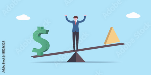 Balancing act businessman weighing opportunity against financial risk on a seesaw