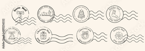Merry Christmas postage stamps or seals collection. Badges, stickers or icons for winter travel postcards in retro design. Labels for frames and decorations.Vector illustration.