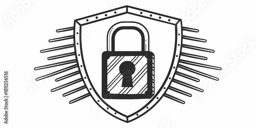 Illustration of a shield with radiating lines and a padlock in the center security concept design