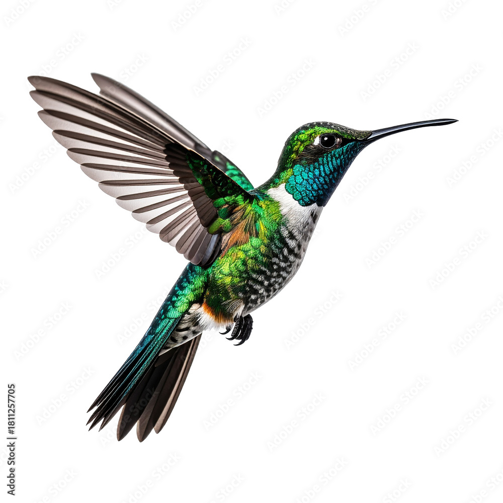 Obraz premium Hummingbird in Flight: The image captures a hummingbird in mid-flight, showcasing its iridescent feathers and intricate details.
