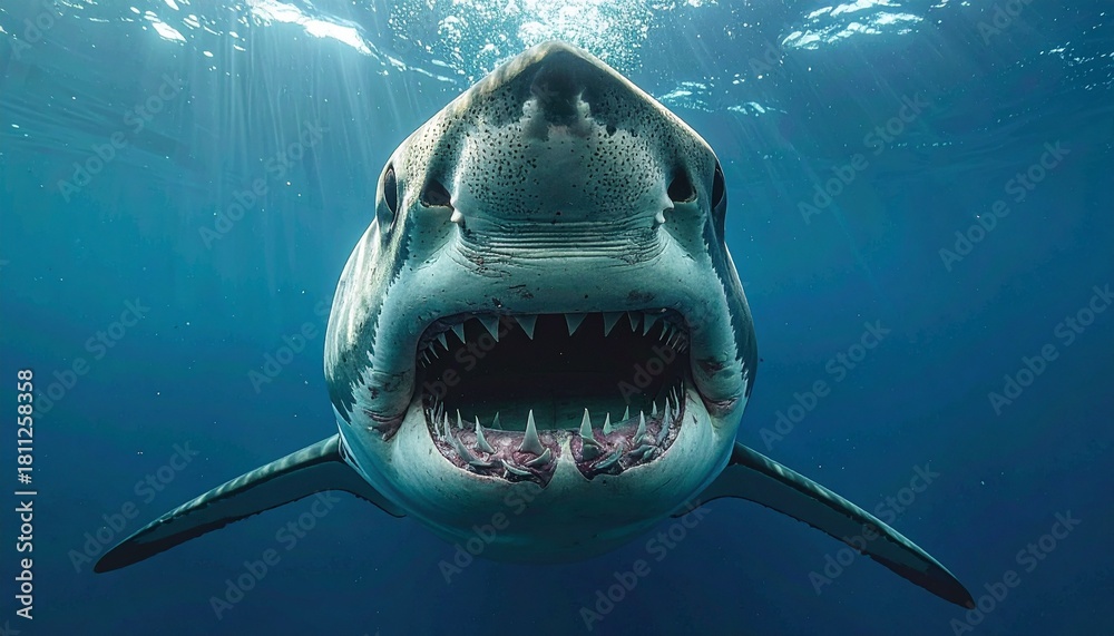 Fototapeta premium A close-up view of a shark with its mouth wide open. This image captures the fierce