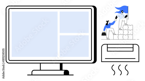Computer screen with blue-themed interface, individuals collaborating atop block stacks, and air conditioner emitting breeze. Ideal for teamwork, productivity, workplace, collaboration, climate