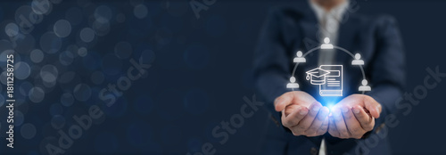 Cohort Based Learning and Digital Education Ecosystem. Holding icons of graduation, documents and connected users, symbolizing cohort based learning, micro credentials, and modern e learning networks.