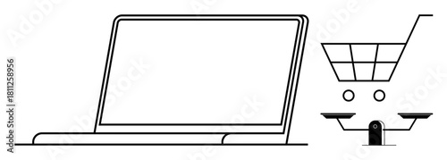 Laptop, shopping cart, and balance scale outline design symbolizing e-commerce, online retail, and digital marketplace. Ideal for business, technology, trade, efficiency balance consumerism simple