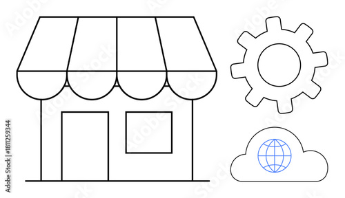 Simplified storefront with an awning, gear representing settings or tools, and a cloud hosting a globe. Ideal for business development, e-commerce, digitalization, global reach, technology, strategy