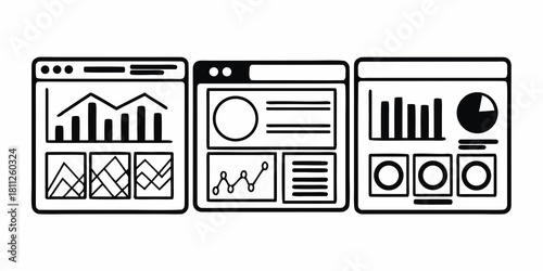 Three data dashboard windows displaying charts and graphs for data analysis and visualization tasks