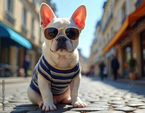 Fototapeta Naklejka Na Ścianę i Meble -  French bulldog puppy strolls Parisian street wearing sunglasses and striped shirt. Adorable pet enjoys sunny urban adventure exploring charming architecture. Its playful moment of leisure in city.