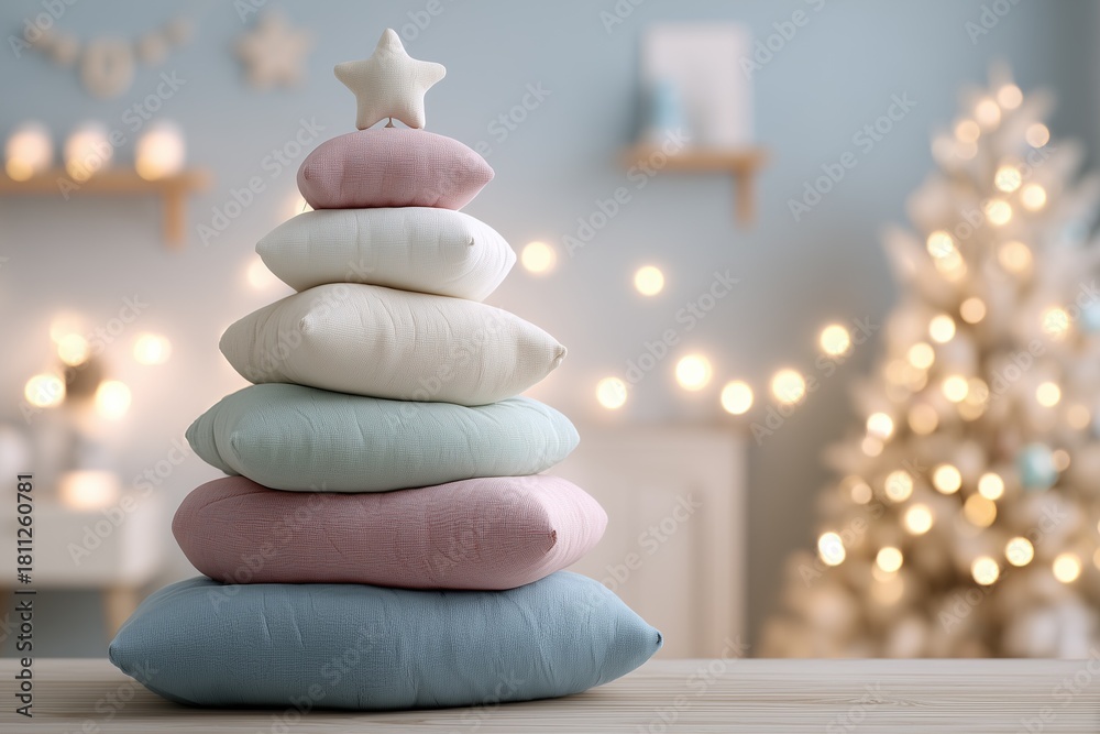 Obraz premium Stacked pastel pillows arranged in a Christmas tree shape.