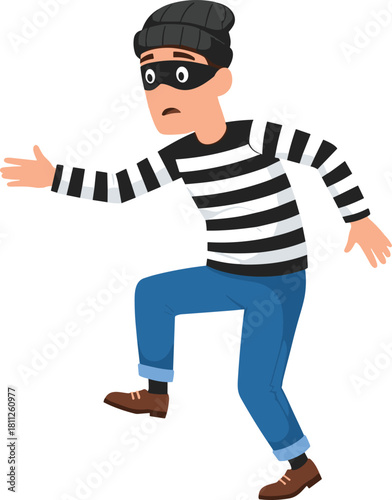 Sneaking cartoon thief wearing black mask and striped shirt, funny burglar character vector illustration isolated on white background for crime concept and security alert design.