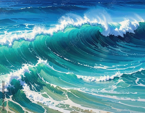Vibrant teal ocean waves curling, frothy sea spray