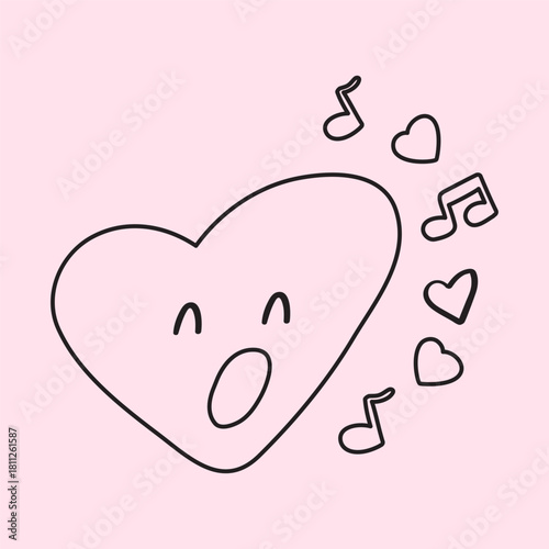 Singing Heart Character. Minimal outline illustration of heart person singing with notes and hearts on pink background. Simple romantic design.