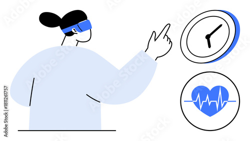 Woman wearing VR headset interacting with virtual clock and heart rate data. Ideal for technology, healthcare, innovation, fitness, time management, wearable gadgets, virtual interface. Simple flat