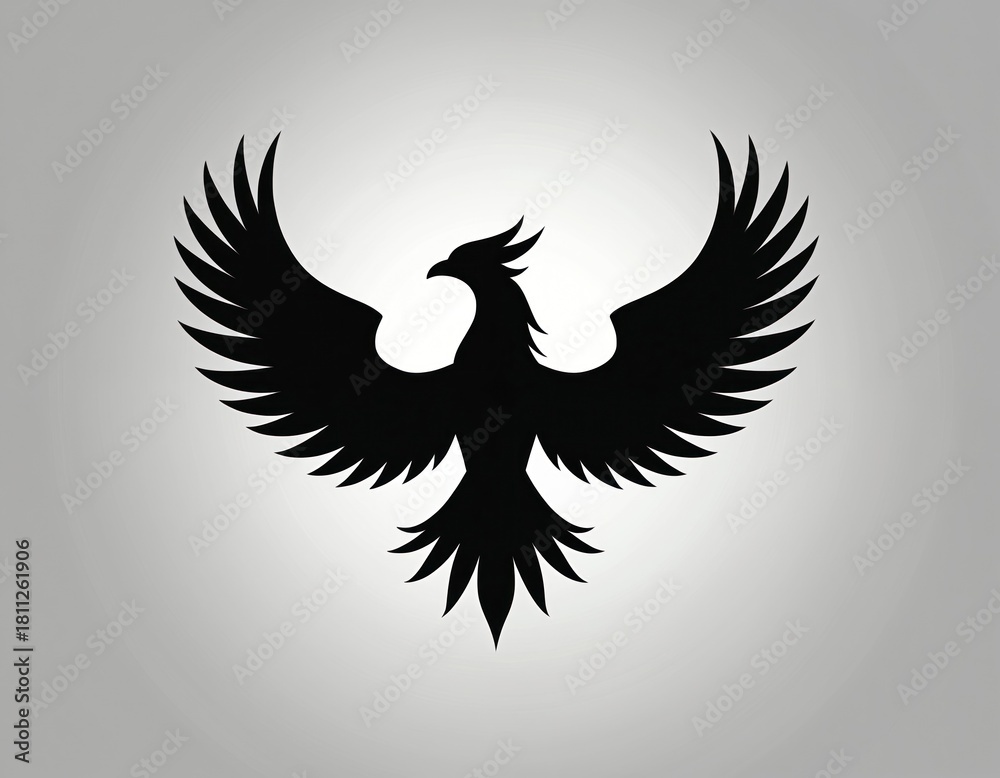 Obraz premium Black silhouette of a phoenix bird with spread wings. Mythical creature emblem represents rebirth, strength, and resilience. Its bold design is ideal for logos and brand identity.