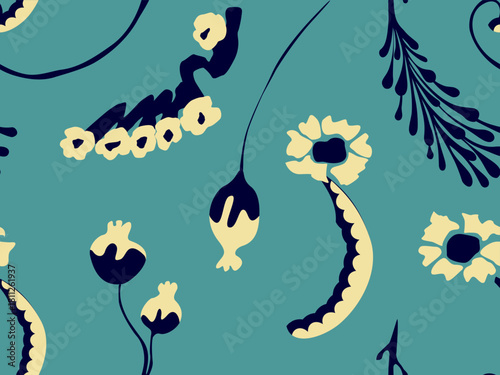 Fun organic funky floral seamless pattern. Playful abstract bold flower shapes motif on aqua blue background.
