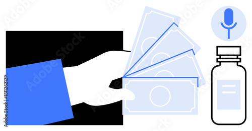 Hand offering money, labeled bottle of medicine, and microphone icon. Ideal for themes thumbs up healthcare cost, transactions, communication, pharmaceuticals, economy, funding simple flat metaphor