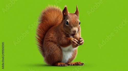 Red Squirrel 3D Animation, Cinematic Side View, Eating And Holding Nut, Seamless Loop Chroma Key Motion