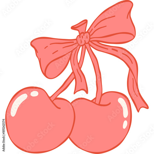 Coquette pink cherry with bow Hand drawn vintage illustration.