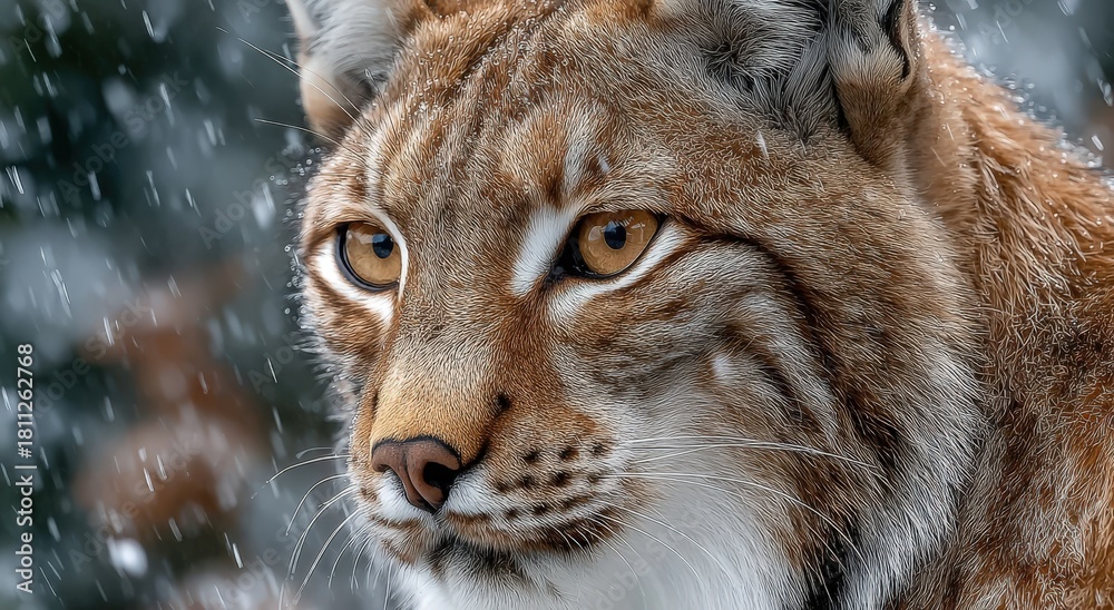Obraz premium Lynx with striking amber eyes, fur covered in snowflakes, showcasing its majestic features in a wintery forest environment, embodying the essence of wild beauty and nature