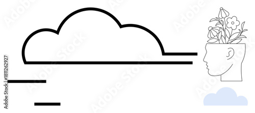Profile of a head growing flowers connected to a cloud shape, symbolizing ideas, creativity, and mental clarity. Ideal for mindfulness, innovation, sustainability, personal growth, introspection