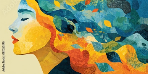 Vibrant illustration of a womans profile with flowing hair made of colorful leaves, symbolizing nature and transformation, showcasing artistic expression and creativity